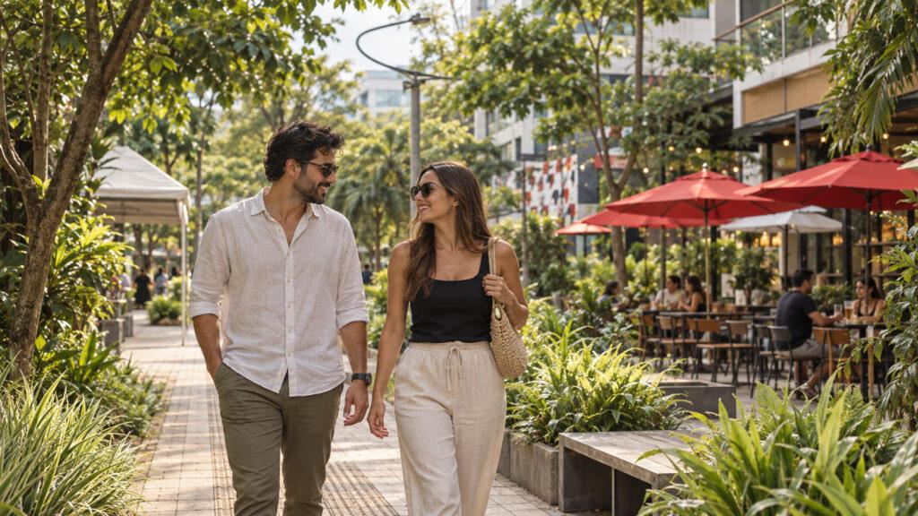 Pareja recorriendo El Poblado durante una escapada romántica en Medellín