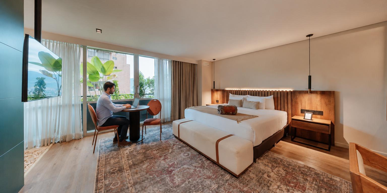 Habitación de 1616 Hotel preparada para un viaje de negocios en Medellín